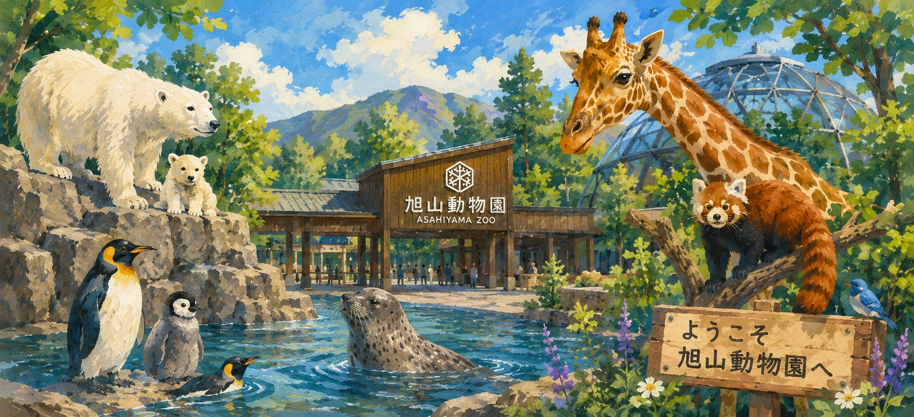 旭山動物園のイラスト。ホッキョクグマ・ペンギン・キリン・レッサーパンダが描かれている